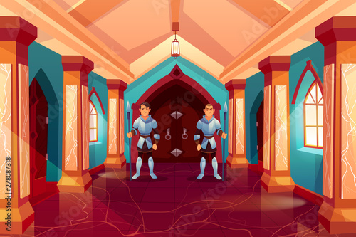 Armed guards in knight armor stand near forged wooden door in castle corridor protecting king apartment, medieval palace interior, hallway with pillars and marble floor, Cartoon vector Illustration