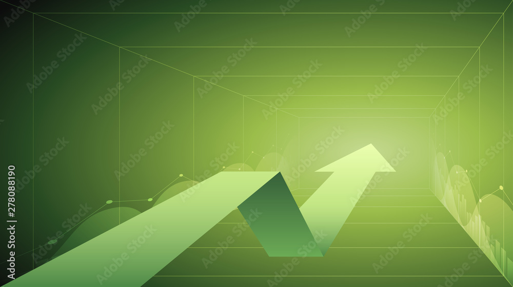 Obraz premium abstract financial chart with 3d moving up arrow and stock graph on green color background