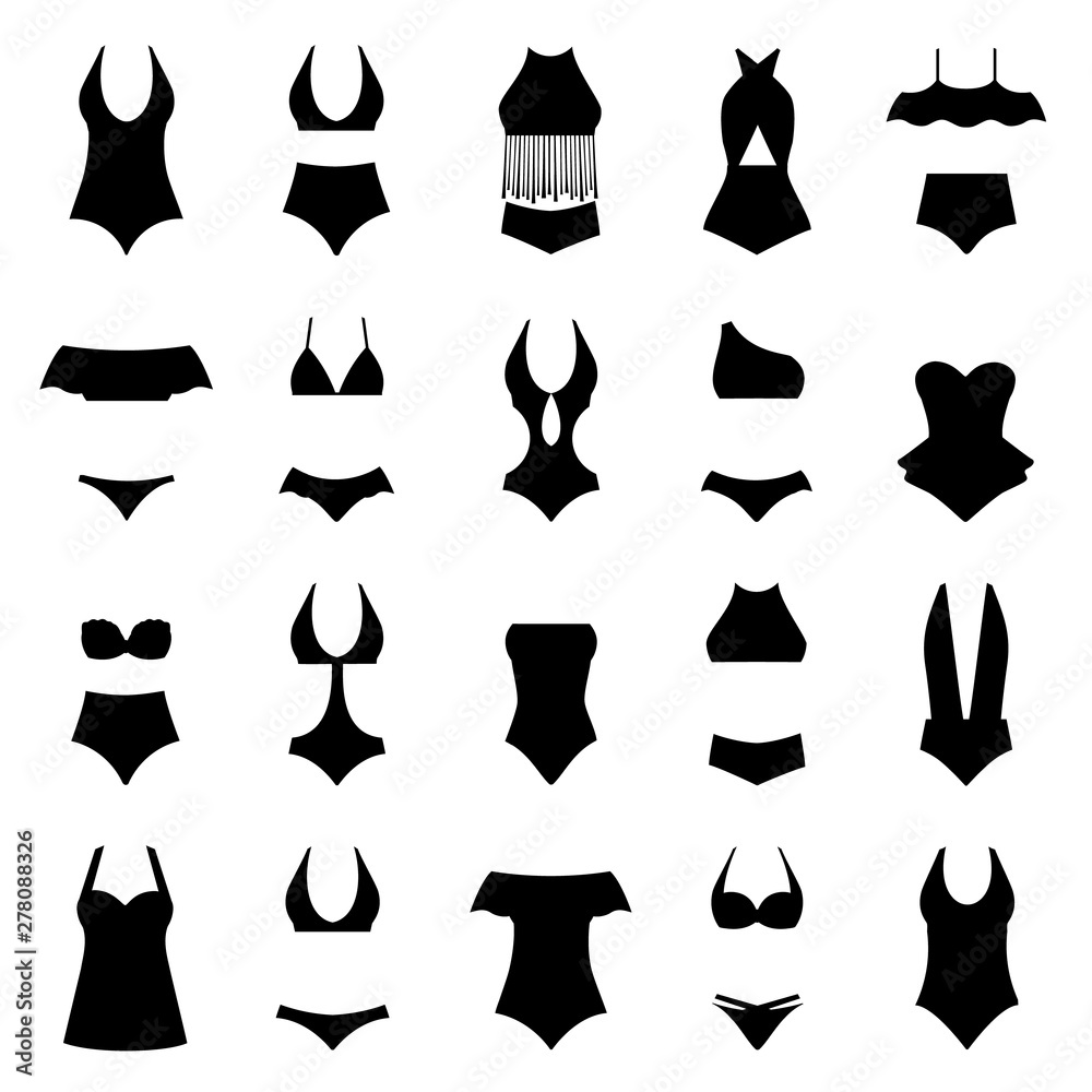 Set of silhouettes of various swimsuits. Vector black white ...