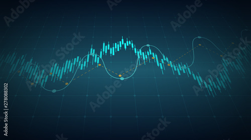 Abstract financial chart with candlestick line graph and stock market numbers on blue color background