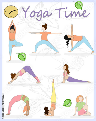 Female yoga. Vector illustration of beautiful cartoon woman in various poses of yoga.