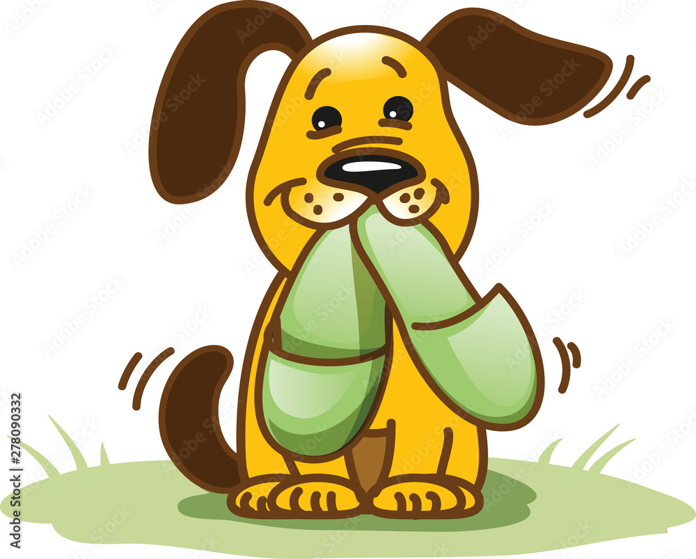 Funny cartoon dog brings slippers to its owner, wants to be helpfull - obrazy, fototapety, plakaty 
