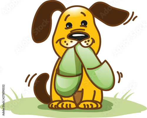 Funny cartoon dog brings slippers to its owner, wants to be helpfull photo