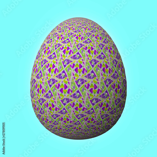 Happy Easter - Frohe Ostern, Artfully designed and colorful easter egg, 3D illustration on turquoise background 