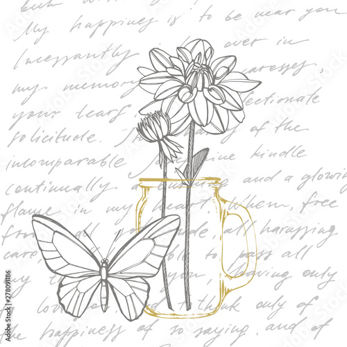 Hand-drawn ink dahlias. Floral elements. Graphic flowers illustrations. Botanical plant illustration. Handwritten abstract text. photo