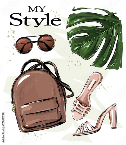 Hand drawn stylish set with backpack, shoes, sunglasses and palm leaf. Fashion set. Beautiful female outfit. Flat lay. Vector illustration.