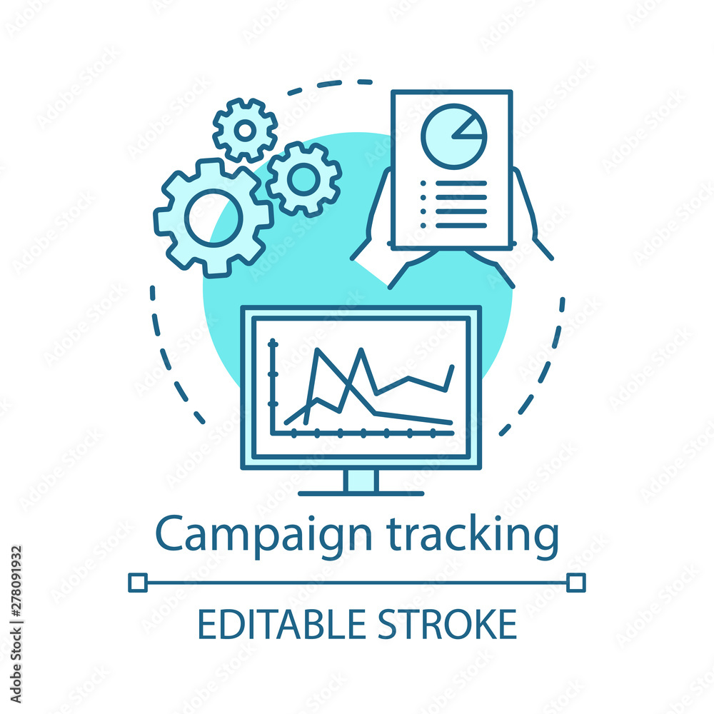 Campaign tracking blue concept icon. Marketing automation idea thin line illustration. Digital marketing. Website analytics, network, ads campaign. Vector isolated outline drawing. Editable stroke