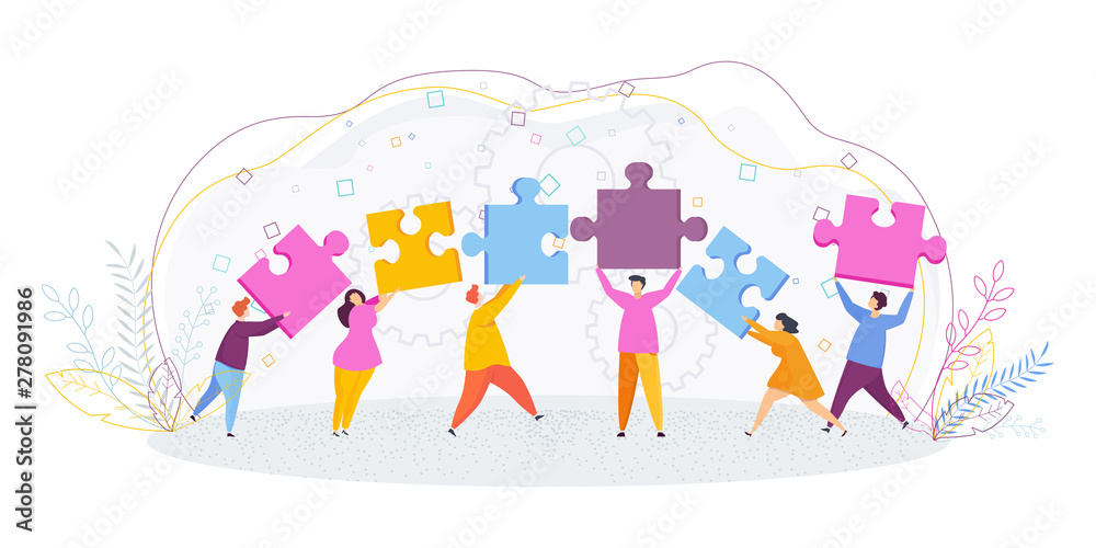 Tiny people put the pieces of the puzzle together. Tiny people put the pieces of the puzzle together.
