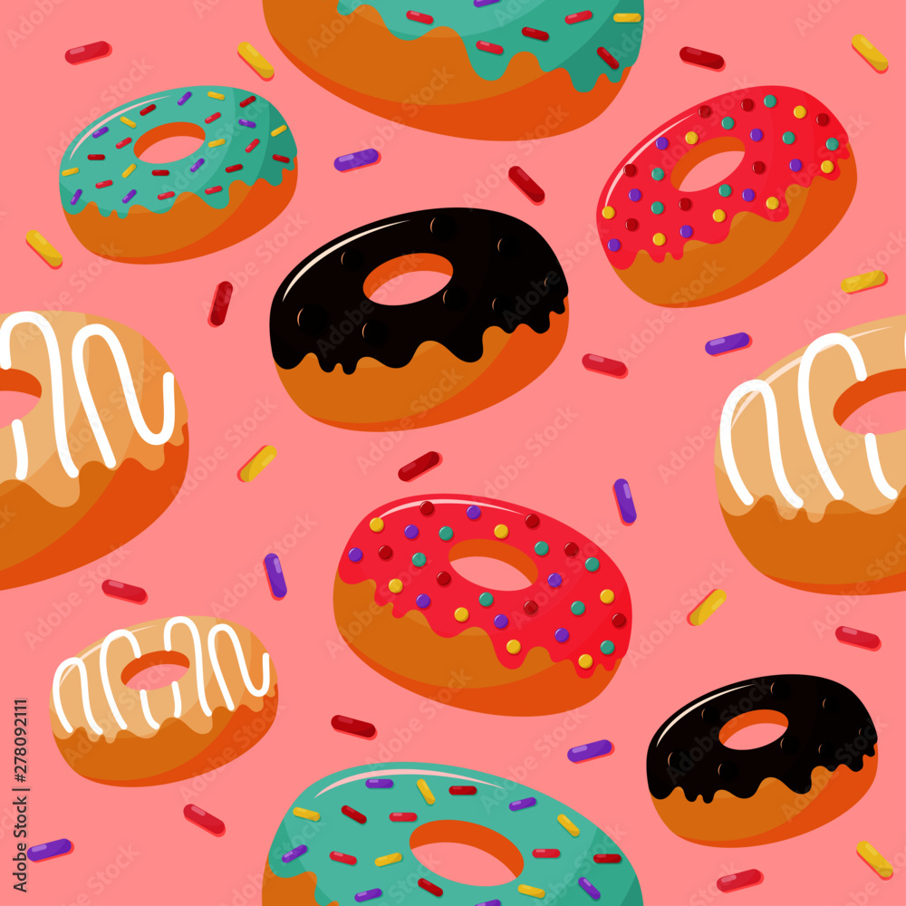 cute sweet donuts seamless pattern. summer desserts on pink background for cafe or restaurant. illustration vector. cute sweet donuts seamless pattern. summer desserts on pink background for cafe or restaurant. illustration vector.