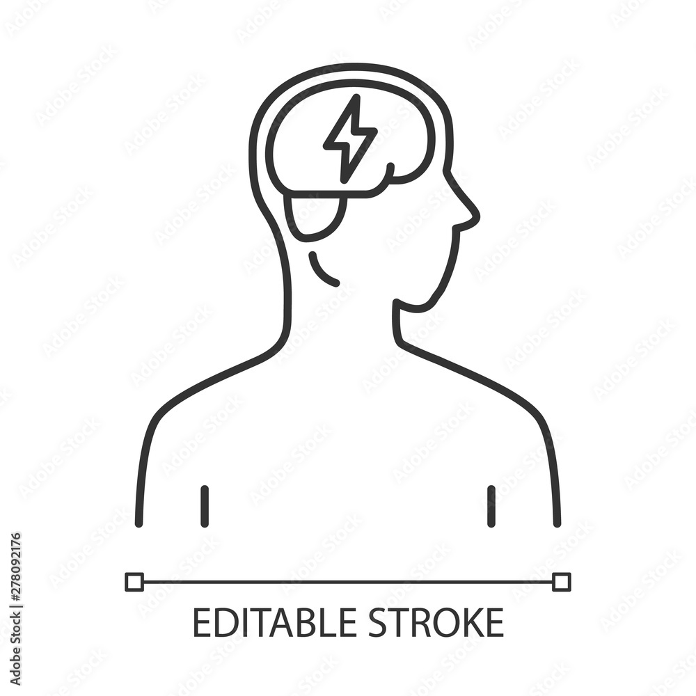 Ill brain linear icon. Dementia, stroke. Sore human organ. Unhealthy nervous system. Mental health. Thin line illustration. Contour symbol. Vector isolated outline drawing. Editable stroke