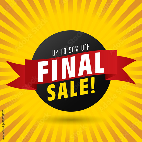 sale banner, up to 50% off. Red ribbon. Vector illustration