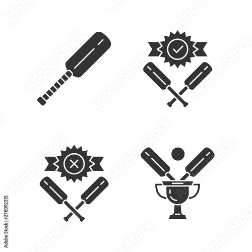 Cricket championship glyph icons set. Sport tournament. Bat, champion cup, win, defeat. Club battle. League competition. Bat and ball team game. Silhouette symbols. Vector isolated illustration