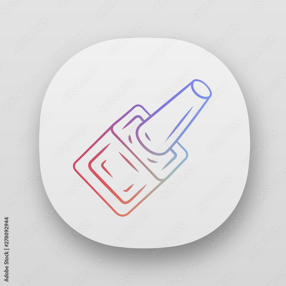 Nail, gel polish bottle app icon. UI/UX user interface. Web or mobile application. Feminine cosmetics attribute. Manicure and pedicure tool vector isolated illustration. Women makeup accessory Nail, gel polish bottle app icon. UI/UX user interface. Web or mobile application. Feminine cosmetics attribute. Manicure and pedicure tool vector isolated illustration. Women makeup accessory