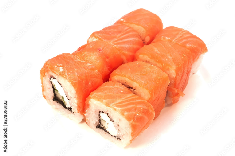 Rolls with salmon soy sauce on a plate Rolls with salmon soy sauce on a plate