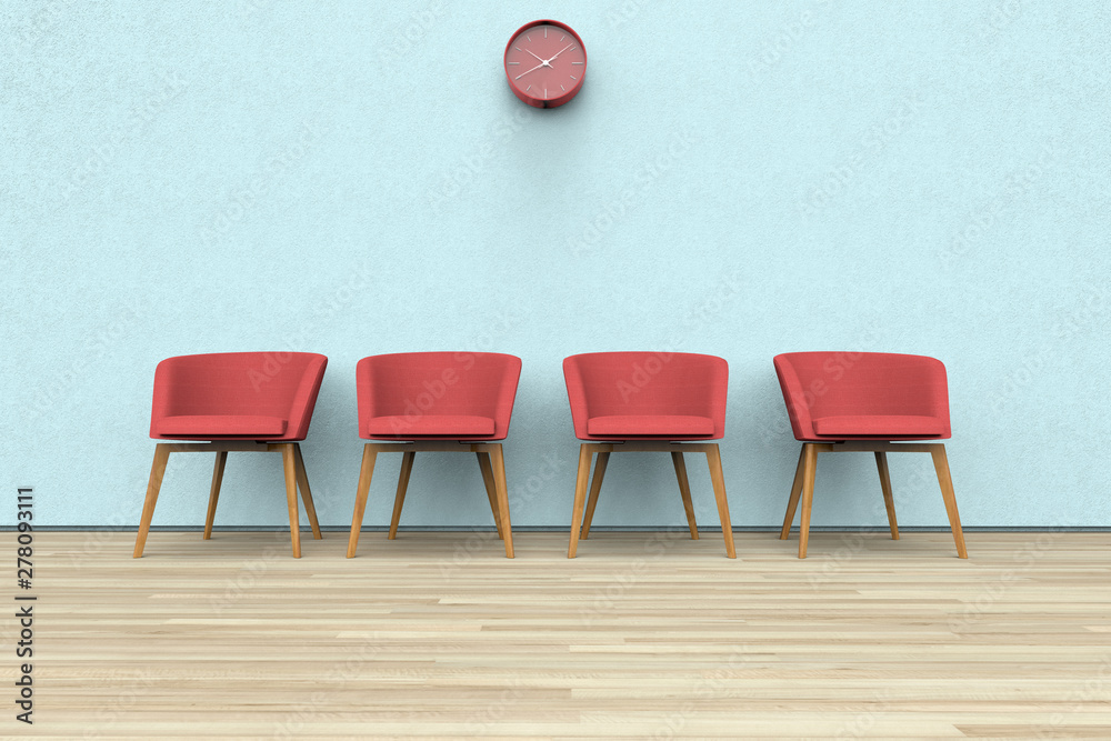 Obraz premium 3D rendering of chairs and clock in a waiting room