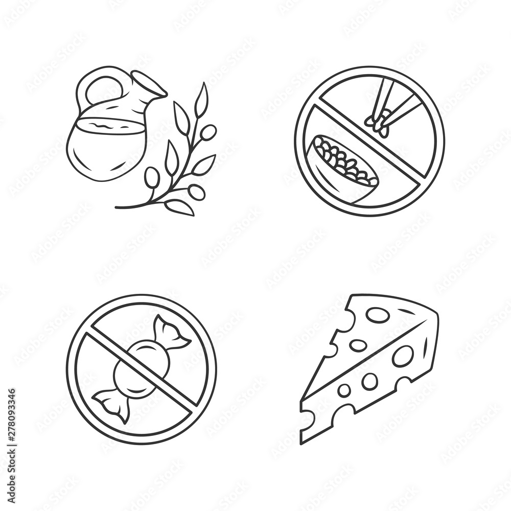 No sugar organic products linear icons set. Thin line contour symbols. Glucose free and low carbs keto diet. Natural fresh drink, Swiss cheese isolated vector outline illustrations. Editable stroke