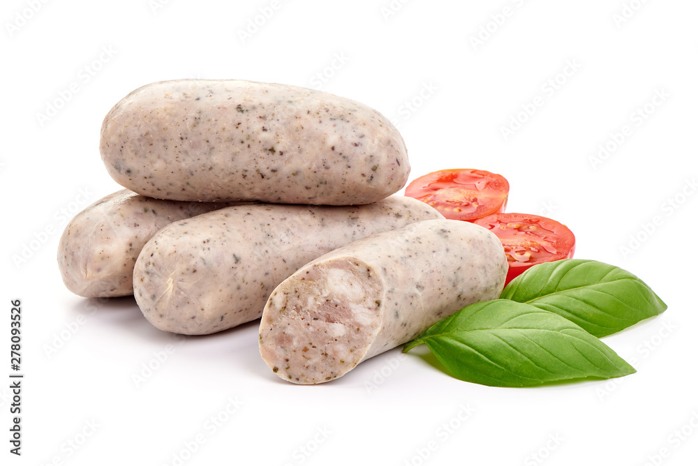 Fresh German white sausages, munich sausages, close-up, isolated on white background Fresh German white sausages, munich sausages, close-up, isolated on white background