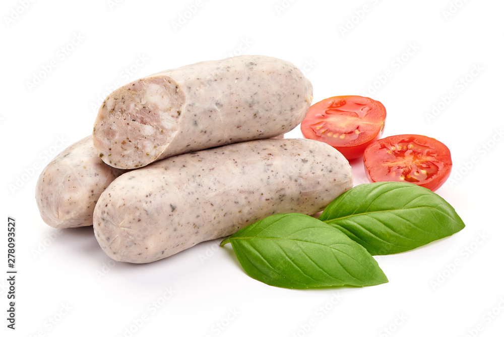 German pork sausages, munich sausage, close-up, isolated on white background German pork sausages, munich sausage, close-up, isolated on white background