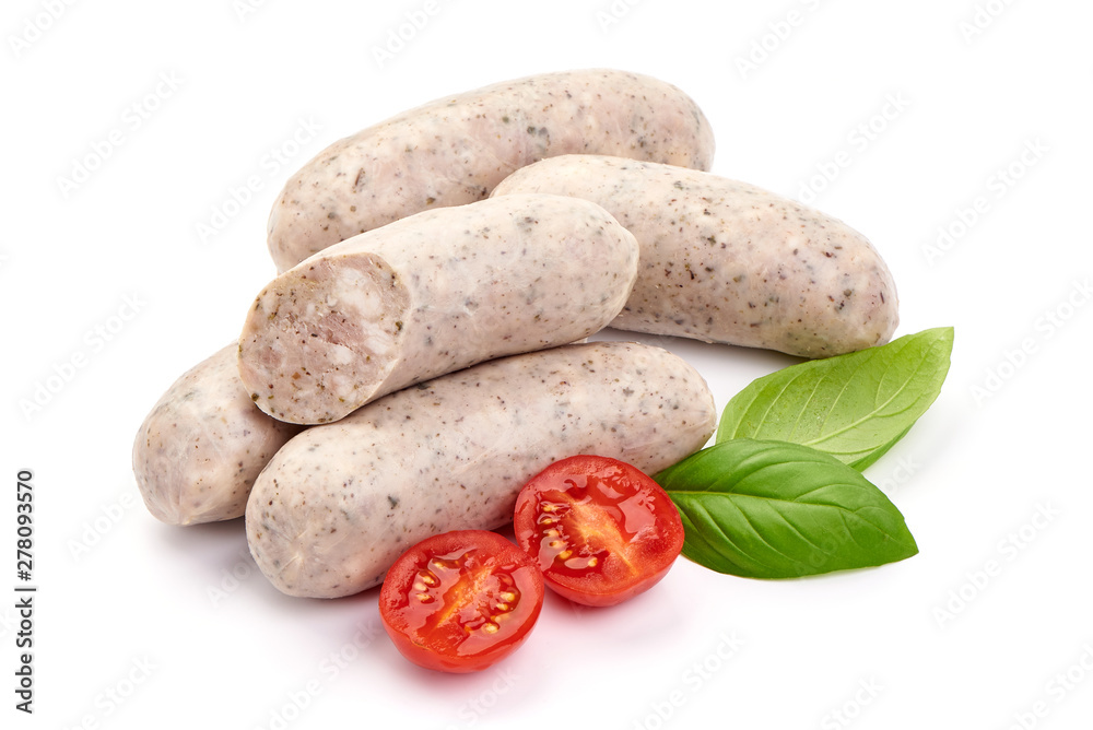 German pork sausages, munich sausage, close-up, isolated on white background German pork sausages, munich sausage, close-up, isolated on white background