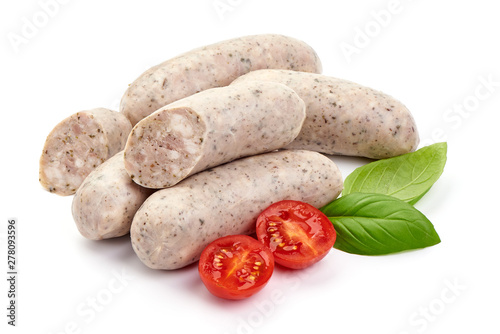 Fresh German white sausages, munich sausages, close-up, isolated on white background