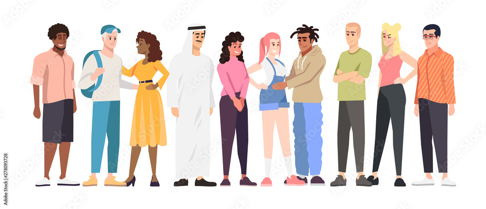 Plakat Multinational students group flat vector illustration. Multiracial community members cartoon characters. International cooperation. Racial tolerance and cultural diversity in globalized world