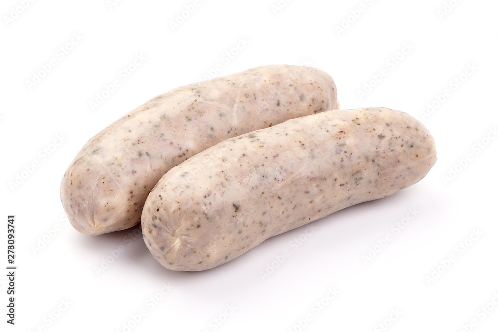 German pork sausages, munich sausage, close-up, isolated on white background German pork sausages, munich sausage, close-up, isolated on white background