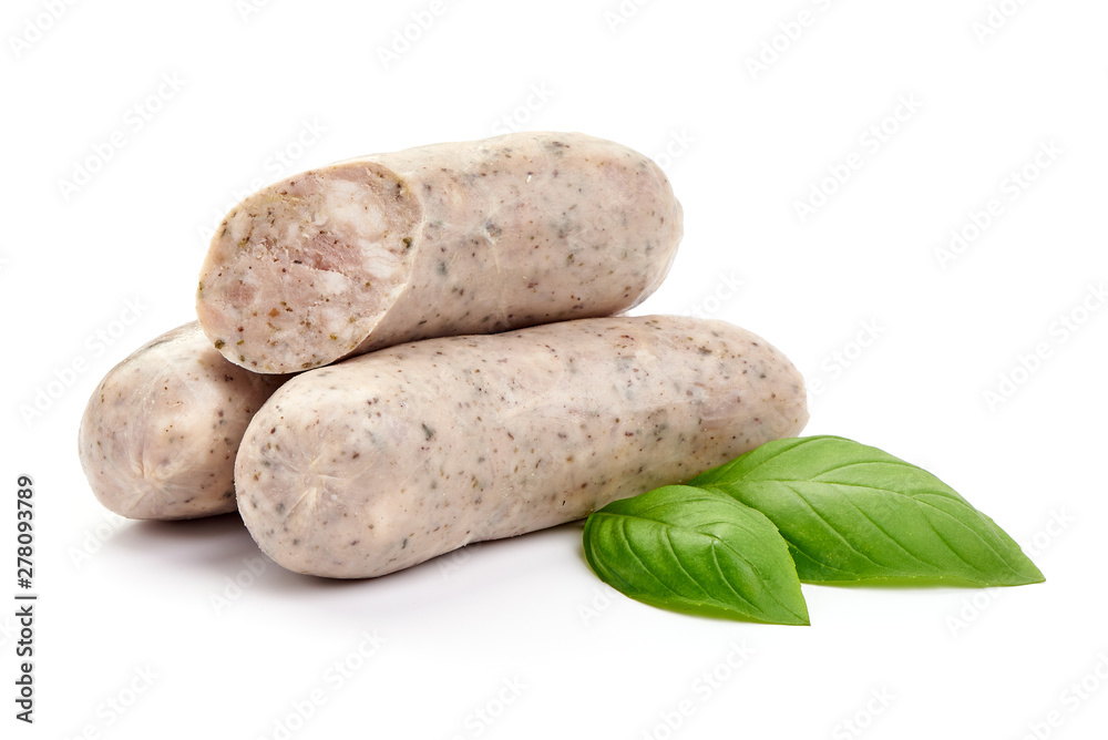 Munich Veal Sausages, close-up, isolated on white background Munich Veal Sausages, close-up, isolated on white background