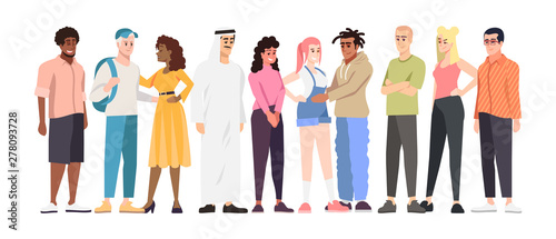 Multinational students group flat vector illustration. Multiracial community members cartoon characters. International cooperation. Racial tolerance and cultural diversity in globalized world