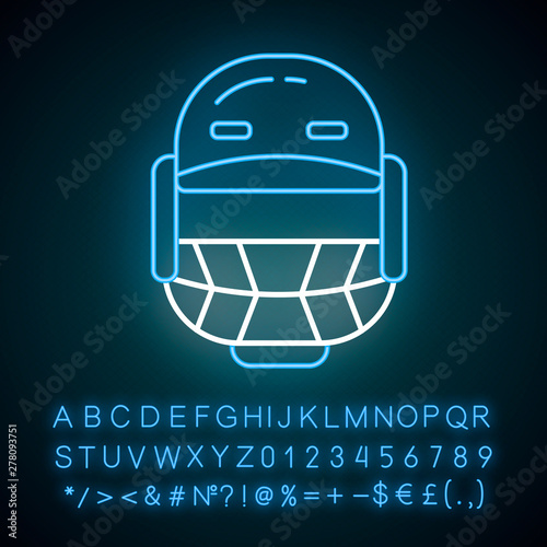 Cricket helmet neon light icon. Head protection for batsman and fielders. Cricketer uniform. Protective sportsman gear. Glowing sign with alphabet, numbers and symbols. Vector isolated illustration