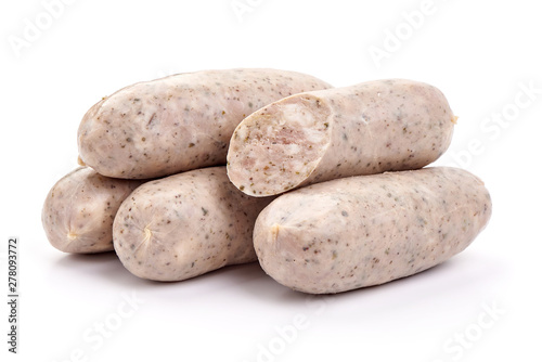 Munich Veal Sausages, close-up, isolated on white background
