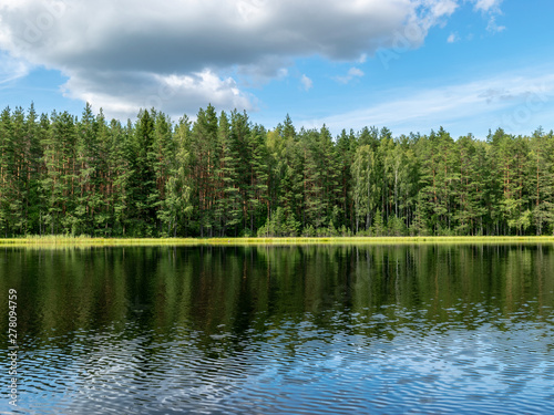 beautiful clouds and forest reflecting in the still waters