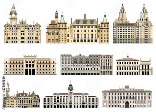 vector collection high detailed isolated city halls, landmarks, cathedrals, temples, churches, palaces and other skyline elements