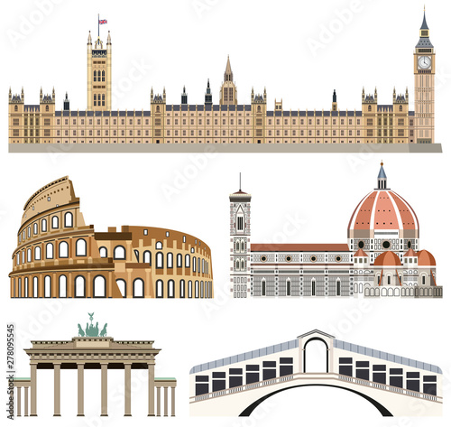 landmarks icons vector collection: Palace of Westminster, Colisseum, Florence Cathedral, Brandenburg Gate and Rialto Bridge