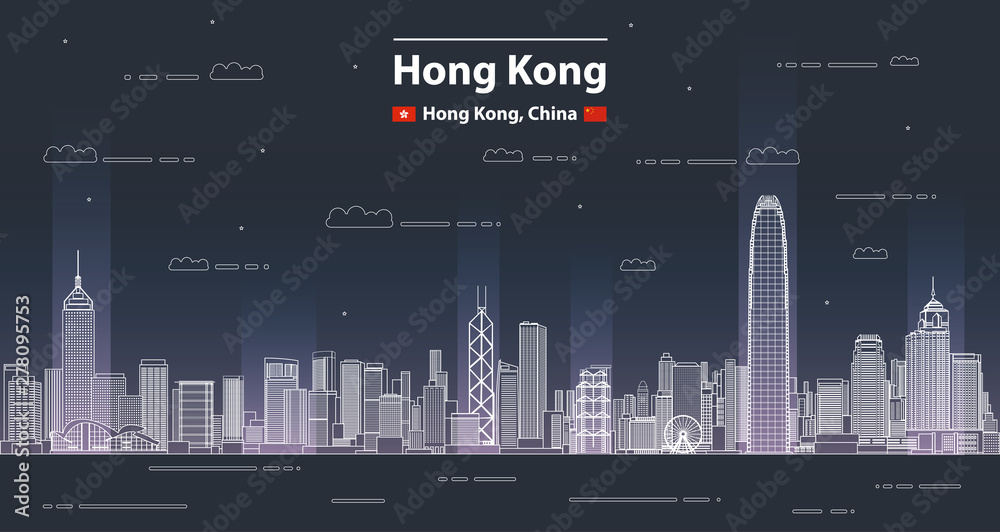 Hong Kong cityscape line art style vector detailed illustration. Travel background 