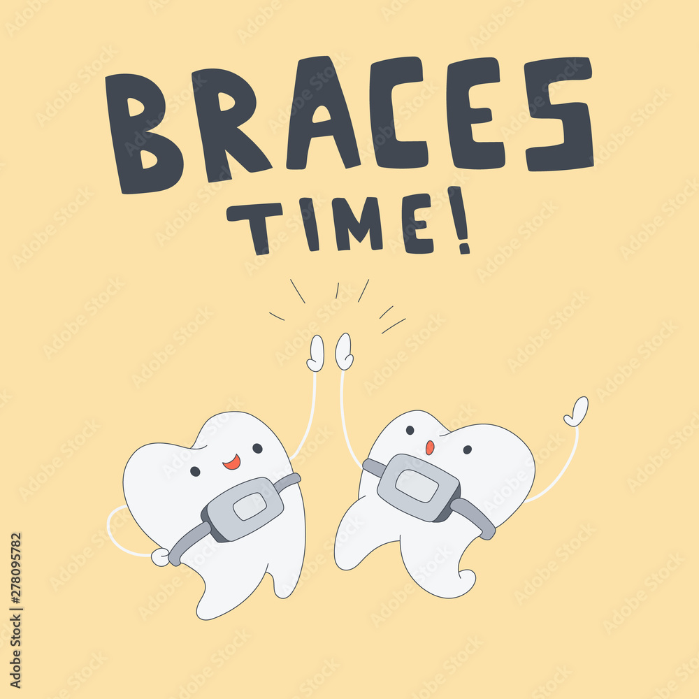 Fototapeta premium Smile with braces on teeth vector illustration. Dental Braces. Dental healthcare