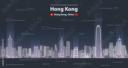 Hong Kong cityscape line art style vector detailed illustration. Travel background 
