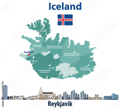 Iceland map with reykjavik city skyline. Vector illustration