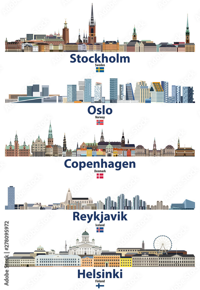 Stockholm, Oslo, Copenhagen, Reykjavik and Helsinki cities skylines with flags of Sweden, Norway, Denmark, Iceland and Finland. Vector illustration