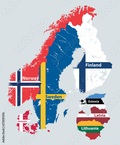Scandinavia and Baltic countries political detailed map mixed with national flags. Vector illustration photo