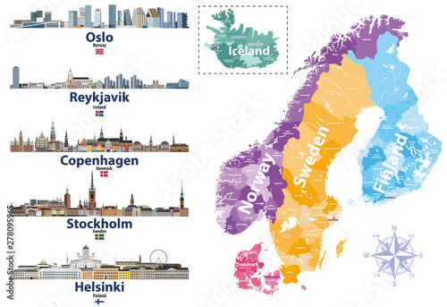 Scandinavian countries map with capital cities skylines icons. Vector illustration photo