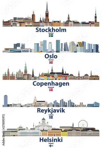 Stockholm, Oslo, Copenhagen, Reykjavik and Helsinki cities skylines with flags of Sweden, Norway, Denmark, Iceland and Finland. Vector illustration