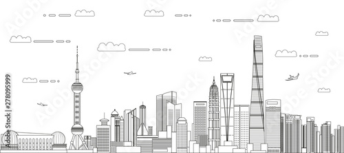 Shanghai cityscape line art style vector detailed illustration