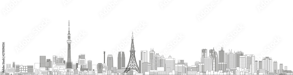 Tokyo cityscape line art style vector detailed illustration. Travel background 