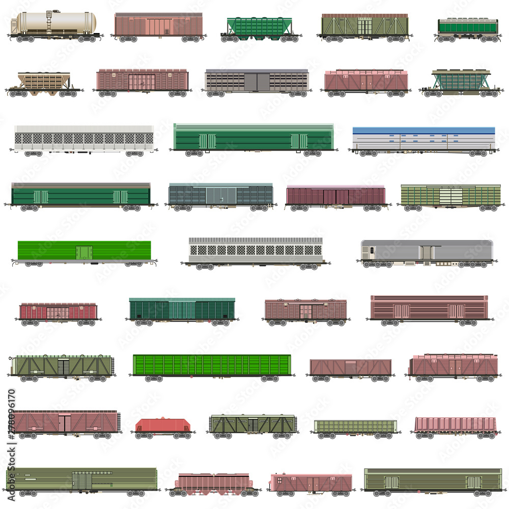 vector set of isolated railway trains, railcars, waggons, vans