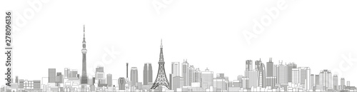 Tokyo cityscape line art style vector detailed illustration. Travel background 