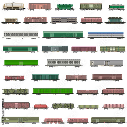 vector set of isolated railway trains, railcars, waggons, vans