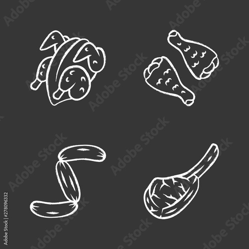Butchers meat chalk icons set. Chicken carcase and wings, tomahawk steak, sausages, pork rib. Protein sources. Butchery business. Meat production and sale. Isolated vector chalkboard illustrations