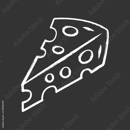 Cheese piece chalk icon. Organic dairy product, delicious appetizer. Cheddar triangle single slice. Fresh natural snack. Swiss hard cheese with holes isolated vector chalkboard illustration