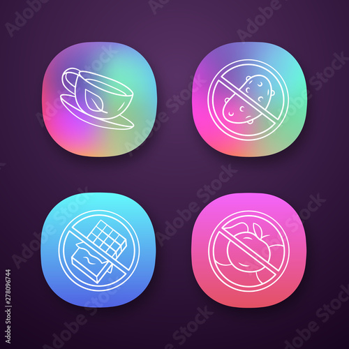 Low carbs and diabetic diet app icons set. No glucose and carbohydrate products. UI/UX user interface. Sugar free food and healthy eating. Web or mobile applications. Vector isolated illustrations