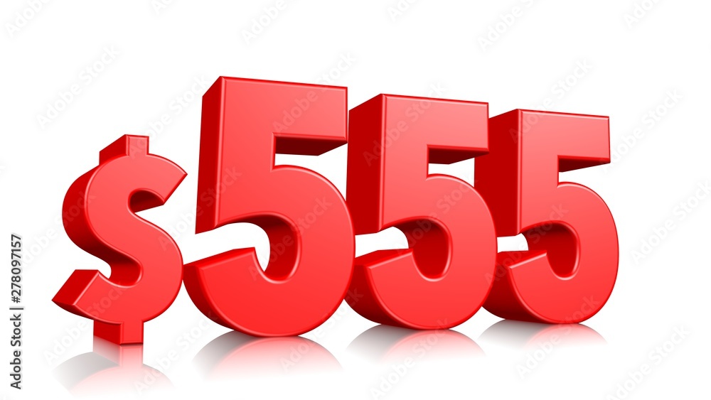 555$ Five hundred and fifty-five price symbol. red text number 3d render with dollar sign on white background 555$ Five hundred and fifty-five price symbol. red text number 3d render with dollar sign on white background